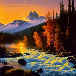 Sydney Laurence Painting of Raging River at sunrise in alaska