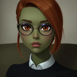 Oota has olive green skin and amber eyes. She's wearing oval glasses. Her copper hair is in an asymmetric cut. She has a melancholic look on her face. Her forehead is flat and her eyebrows are bushy. She's wearing a beautiful anklet made of platinum. Her clothes look really formal. There's a small birthmark on her left arm.