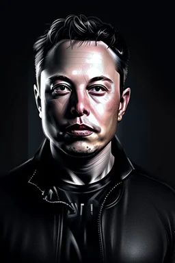 Portrait of Elon musk, half cyborg with metal pieces showing under skin, one eye red
