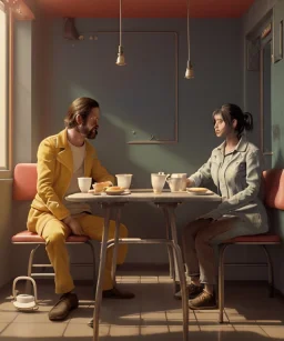 Realistic scene, man and woman sitting in cafeteria and having breakfast levitating, 0 gravity, Wes Anderson, soft color, highly detailed, unreal engine 5, ray tracing, RTX, lumen lighting, ultra detail, volumetric lighting, 3d, finely drawn, high definition, high resolution.