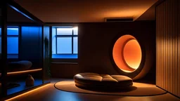 studio gym con divano relax, illuminazioni di James Turrell e finestre rotonde