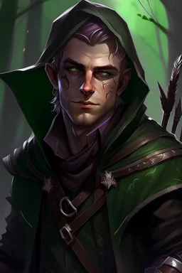 35 year old male dark rogue elf, thief assassin, messy Mauve hair, sparkling green eyes, glowing brown skin, black hood, black leather, messy, disheveled, trees, sneaky, bow and arrows, tall, skinny, friendly, stoner