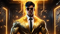 Hyper Realistic handsome muscular Electric-Superhero with short-black-hair wearing long-fancy-golden-tuxedo-with-yellow-circuit-patterns & fancy-sunglasses in a dark-rustic-circuit-room with electric-sparks-&-rays & a massive circuit-board-wall with-glowing-embers showing dramatic & cinematic ambiance.