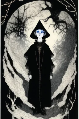 7 year old boy, necromancer, friendly, looks dead, surrounded by weird smoke with eyes, wearing black robes, in the style of Harry Clarke