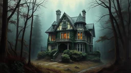 Profound artwork in perfect composition, a painting depicting a picturesque, detailed location, similar to the work of masters such as Josephine Wall or Tomasz Alen Kopera. In the style of Nicole Gustafsson, Mike Campau, Kiko Rodriguez and Jon Foster.Hidden amid misty woods, the Haunted House looms like a relic from a bygone era. Its once magnificent facade is weathered and overgrown with vines, and its windows stare vacantly into the darkness like dead eyes.