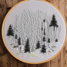 exquisite whimsical snowy forest in embroidery hoop, intricate, highly detailed, linen and wood backdrop