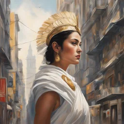 [Part of the series by Pierre Gauvreau] In a bustling city, a woman resembling Athena emerges, exuding wisdom and strength.