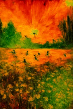 A yellow heavenly light field with insects painted by Claude Monet