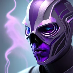 futuristic purple masked villain in galaxy, teal and purple smoke, detailed, realistic, 4k