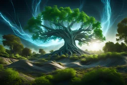 epic 4k professional photograph of immovable tree ecosystem physically colliding with unstoppable gust of wind energy force traveling in multiverse, florescent