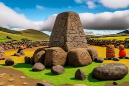 A brown mountain with hammers made out of stone designed in Moai statues painted by Keith Haring
