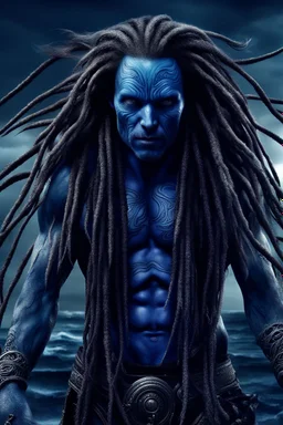 Christian bale as muscular blue skinned alien with long dreadlocks and tribal tattoos and silver whip ocean in the background realistic face, close-up, dark fantasy, smoke in the sky, intricate details, hyper detailed