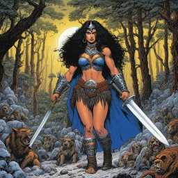 [art by George Perez] THE DEATH DEALER: tribeless barbarian in a large forest that, after the end of the Ice Age, will one day become the Mediterranean sea. When the Mongol-esque Kitzaak Horde invade the forest, various parties try to recruit Gath's aid to defend against them. One of them, the beautiful sorceress Cobra, gives Gath a helmet possessed by the god of death. The helmet gives him godlike power but at the same time tries to break Gath to its will. With the help of the worldly travellin