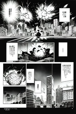 explosion in city, manga page, greyscale