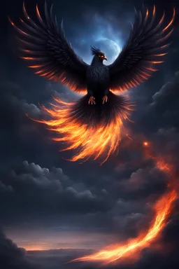 a black phoenix flying in the night sky epic