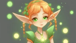 Cute Elf with orange hair and glowing green eyes She wears a light green dress