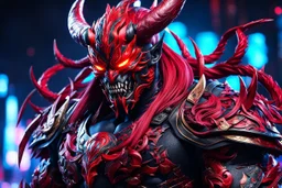 Carnage oni in 8k anime realistic artstyle, ronin costum, galaxy mask, cover face, dynamic pose, oshare kei, hurufiyya, rtx , neon lights, intricate details, highly detailed, high details, detailed portrait, masterpiece,ultra detailed, ultra quality