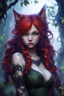 CAT GIRL, FANTASY, FORESTY, VINES, SOULLESS, FLUFFY TAIL, RED HAIR, BRAIDS, METAL, DRAGON PET