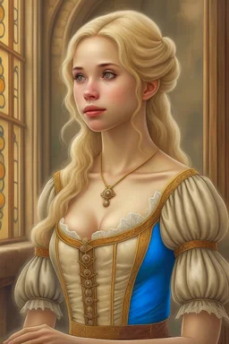 pretty girl, blonde, conventionally attractive, medieval clothes, realism, dreamy, tight top, maternal