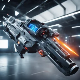 futuristic space gun inside a high tech armory: arrows