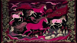 A dark magenta magical domain with winged unicorns designed in Bayeux tapestry painted by Giovanni Battista Sassi