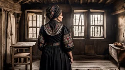 in front of the picture from the back, an middle-aged woman in a black vintage hungarian folk dress with brown hair in black woman headscarf , her standing in little old room, old, village environment, little light, sad atmosphere, high detailed, sharp focus, high realistic, perfect photo