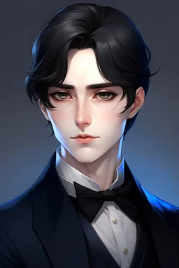 refined man with black hair and blue eyes anime wearing tuxedo realistic