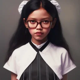 Jenna ortega as wednesday with black school uniform, seifuku, pleated miniskirt, overknee socks, painted by artgerm and tom bagshaw, fantasy art, dramatic lighting, highly detailed oil painting, volumetric lighting