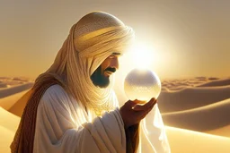 A sheikh dressed in Arab dress holds a palm-sized pearl, silky and shimmering in the desert sunlight.