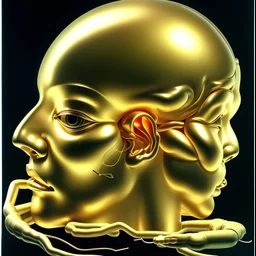 a huge golden inflated sculpture of brain supported by very small beautiful Asian female human bodies,complex surgical instruments,a newborn boy between light and shadow, black background,surrealism, symbolism, minimalism, sculpture by Lucian Freud, Rene Magritte, Salvador Dali