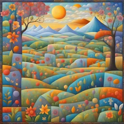 beautiful spring patchwork in the style of Raymond Briggs, Laurel Burch, Randolph Caldecott, Picasso. Modifiers: extremely detailed fantasy oil on canvas very attractive imperial colors fantastic view 4K 3D focused