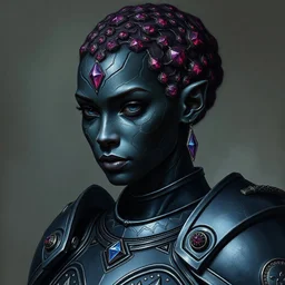 a portrait of a female earth genasi for D&D. She should have dark, charcoal stone-colored skin with glittering sparkles like gem dust. She should have lines marking her skin like cracks, showing glimmering gem-like veins and a faint glow. Her short hair should appear carved completely from ruby crystals. She should be in her mid-20s and fully-clothed in heavy full plate armor.