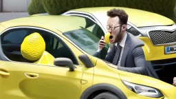 guy arguing on phone next to his lemon shaped kia sportage