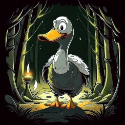 horror cartoon goose in forest with flashlight