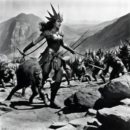 [high res photo by Ray Harryhausen] Her many enemies have vowed to burn her at the stake if she ever falls into their vengeful hands. She has slain so many of their kinsmen. The hills are crawling with her foes eager to take her alive for the fire. Traps have been set for her, and her risk of capture are high. Yet this brave young warrior has no fear of any foe and welcomes the opportunity to slay even more enemies.