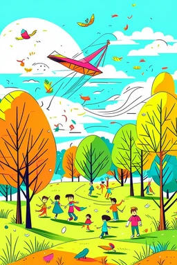 A sunny day at the park with kids playing and flying kites, cartoon style, thick outline, low details, Vivid Color