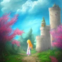  Castle into sky, with flowers of fire. Green clouds and birds. Shy girl going out of the main gate. Detailed painting, sharp color, medieval, intricate detail, far sceen, realistic colors, medieval concept art. spring.