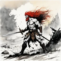 [art by Ralph Steadman] once a flourishing field, now reduced to burned ruins, fumes of death hung heavy in the air. Amidst the devastation, an enraged redhead Barbarian, a towering figure of wrath and fury, thundered across the desolate landscape. His eyes blazed with a primal rage as he sprinted towards a lone white paladin, clad in chrome steel plate armor, a beacon of light amidst the darkness. The Barbarian faces the paladin.