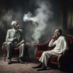 Hyper Realistic Quaid E Azam Smoking Cigar & Mahatma Gandhi Sitting on a Velvet Sofa in a foggy Dark Room