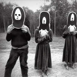 Creepy photo, folk town strange masks, alien