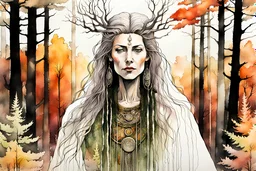 create an abstract expressionist ink wash and watercolor full body portrait of a pale female tribal druid priestess, with highly detailed, delicate feminine facial features, inhabiting an ethereal Northern forest of ancient hemlocks, in the comic book style of Jean Giraud Moebius, David Hoskins, and Enki Bilal, precisely drawn, boldly inked, with vibrant autumn forest colors