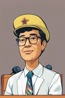 Cartoom illustration of Gustavo Petro, president of Colombia, speaking at a lectern with a microphone. With a hat that covers the eyes, and with (((shirt)))