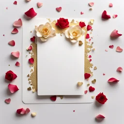 A photo of a white card, 5.5 by 4.25 inches. The card is vertically positioned on a beautiful white surface, positioned between rose petals and litte golden hearts.