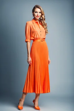 full body of very beautiful lady midi blue pleated skirt and orange bluse , Braided hair ,standing idle happy pose in studio pretty makeup