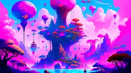 Envision a mesmerizing scene of a magnificent realm of romantic dreams. The environment filled with intricate floating islands, fluffy clouds, waterfalls cascading from the floating islands, and a vibrant, surreal atmosphere. The atmosphere filled with a sense of wonder and tranquility. Include many shades of pink in the image along with other vibrant jewel-toned hues. This scene will be depicted in an anime-style illustration, with soft lines, pastel colors, and a whimsical touch. All buildin