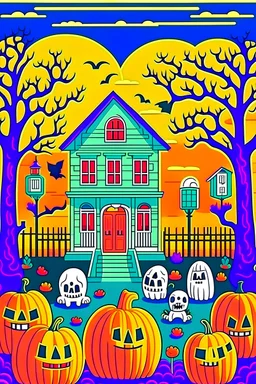 kids illustration, spooky Halloween scene with ghosts pumpkins bats and old house in the background, cartoon style, thick lines, low detail, vivid color --ar 85:110