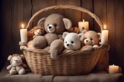 Cute but quirky stuffed animals lie in a carved basket on a soft sling, by candlelight