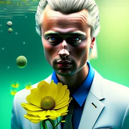 geert wilders hyper realist, hyper detailed,underwater with yellow flowers for hair, closed eyes, rtx, reflection, 8k, glow, winning photography, caustics