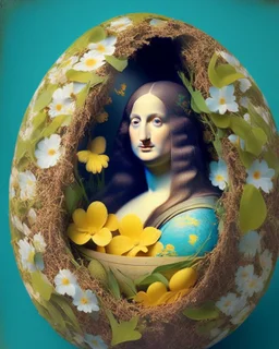 the Mona Lisa on an Easter egg in a nest of flowers