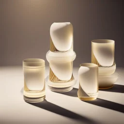 studio photography of a set of highly detailed irregular non-existent glass products, stacked in impossible balance, perfect composition, film studio light, beige color scheme, indirect lighting, 8k, elegant and luxurious style